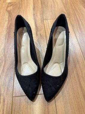 C&M Black Embroidered Pointed-Toe Women’s Heels